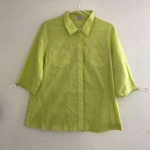 Lime light green button up top shirt with short mid sleeves